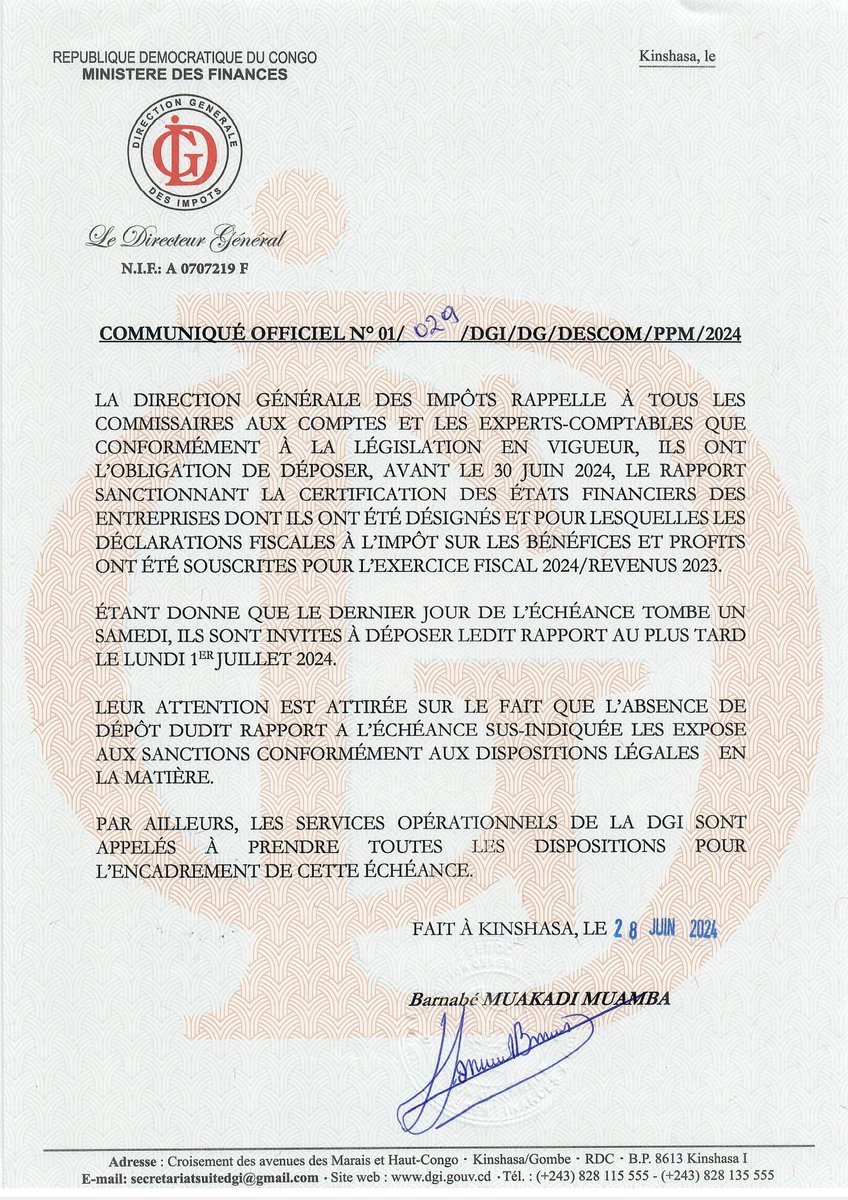 dgi_rdc's tweet image. 🔔 La DGI rappelle à tous les commissaires aux comptes et experts-comptables de déposer le rapport de certification des états financiers au plus tard ce lundi 01 juillet 2024 ⚠️.           #DGI #Fiscalité #Comptabilité #RDC @financesrdc
