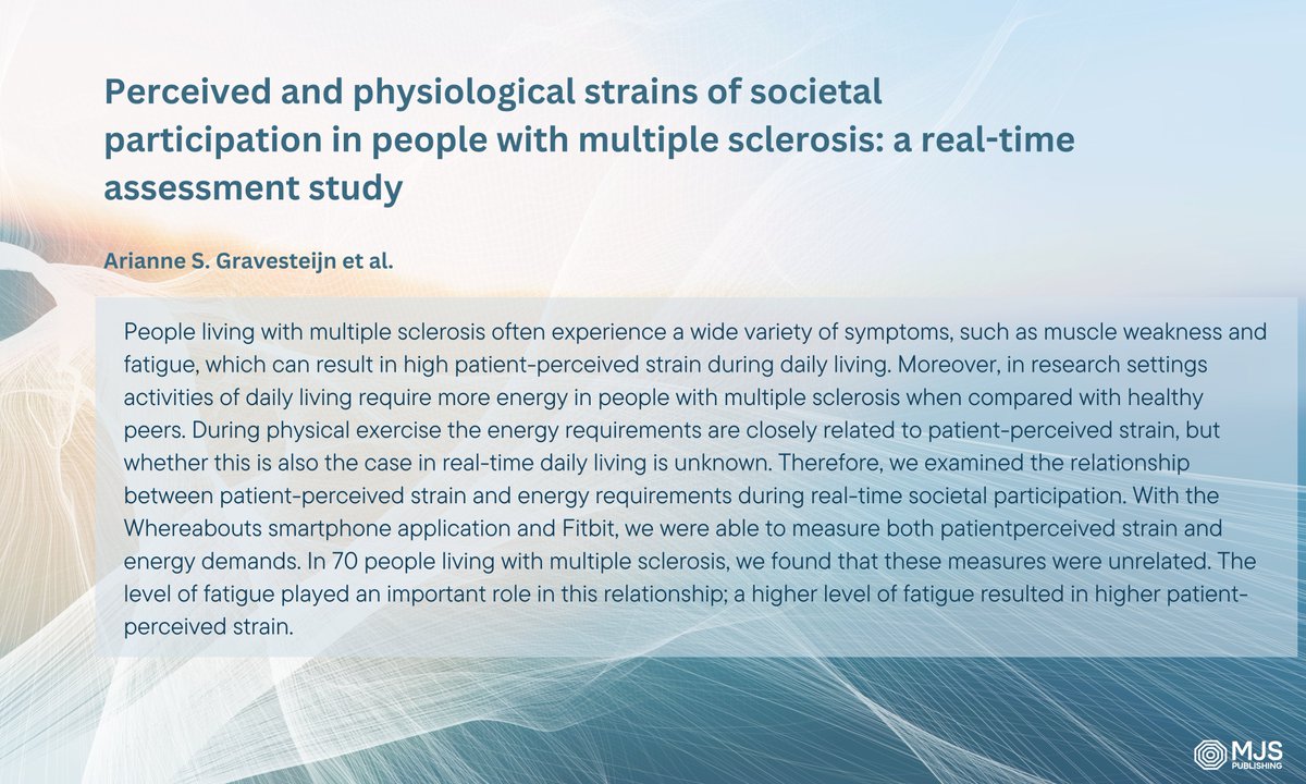 Perceived and physiological strains of societal participation in people with multiple sclerosis: a real-time assessment study
Arianne S. Gravesteijn, Maaike Ouwerkerk, Isaline C.J.M. Eijssen, Heleen Beckerman, and Vincent de Groot
doi.org/10.2340/jrm.v5…