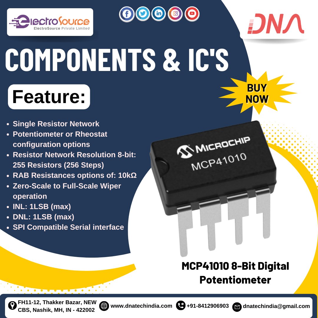 Components &amp; IC's
MCP41010 8-Bit Digital Potentiometer
#components #ics #digital #potentiometer #single #resistor #network #option #network #resolution #zero #scale #full #wiper #operation #inl #dnl #spi #compatible #serial #interface #electronic #electronicsengineering