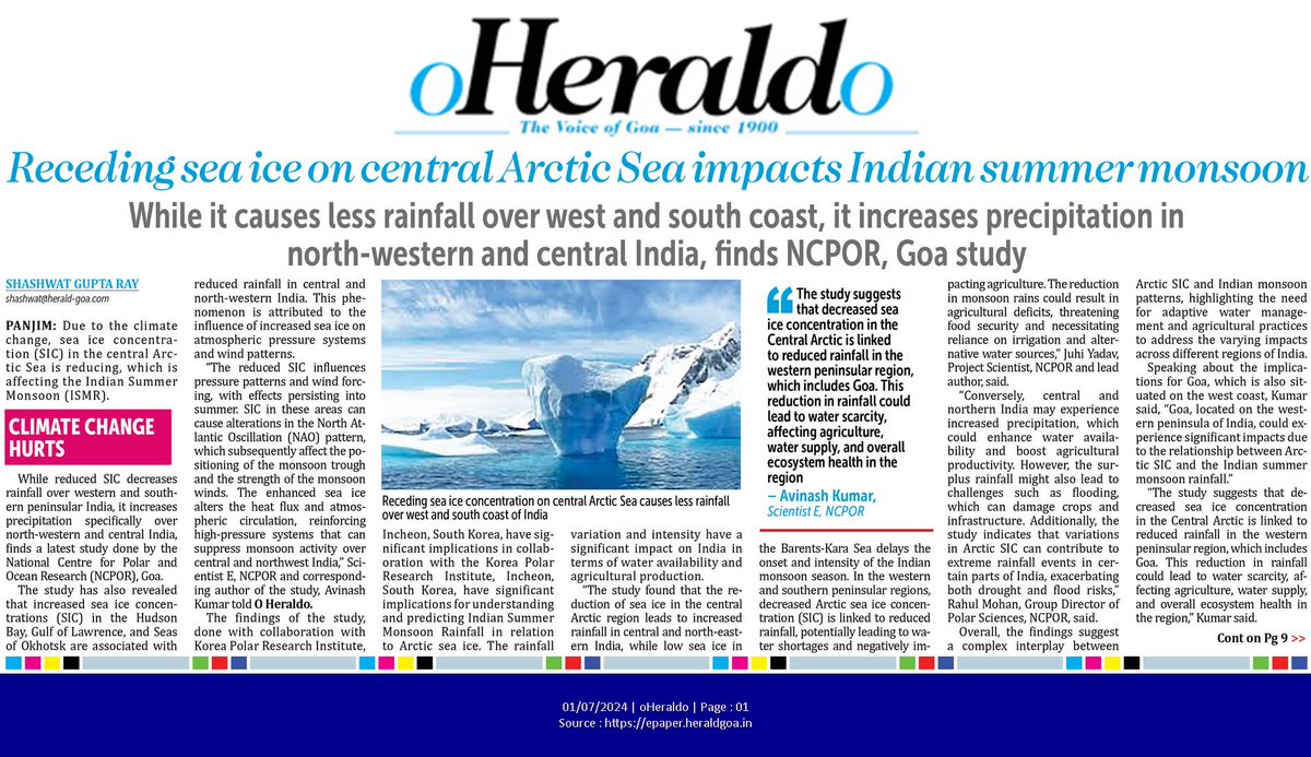 Receding ice on central #ArcticSea impacts #Indian #summermonsoon.Less #rainfall in west and south coast, more in northwestern and central India, finds <a href="/ncaor_goa/">NCPOR</a> 
<a href="/moesgoi/">MoES GoI</a>

@https://www.heraldgoa.in/Goa/Receding-sea-ice-on-central-Arctic-Sea-impacts-Indian-summer-monsoon/223072
