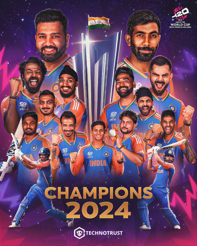 TechnotrustS's tweet photo. Proud moment for India! 🇮🇳 Champions of the T20 World Cup 2024. Hard work, dedication, and team spirit brought us this incredible victory! 
.
.
#T20WorldCup #TeamIndia #indiawon #proudmoment https://t.co/u0DrGaAWao