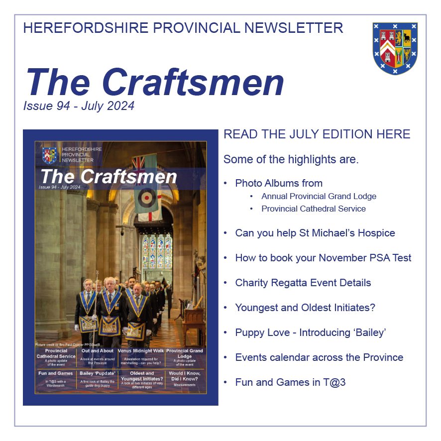 The July edition of The Craftsmen newsletter is now live on our website. Find out what we have been up to during June and events to come over the coming months. #Freemasons 
herefordshiremasons.org.uk/the-craftsmen-…