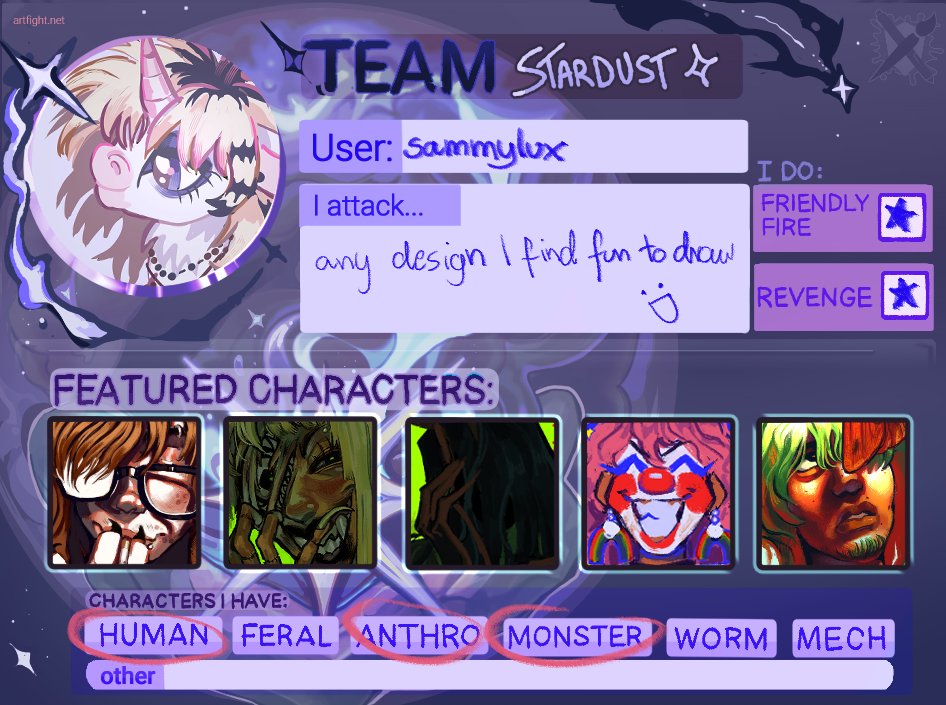 i won't draw that much, since i have comms to finish, but I really want to at least do some sketches as revenges and for my friends :D

artfight.net/~sammylux