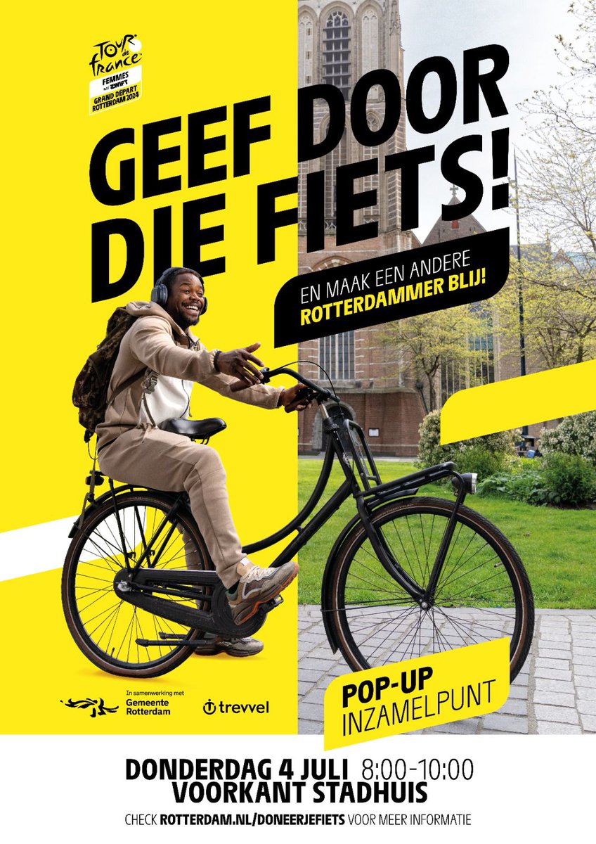 Iedereen die een fiets wil doneren: dit is je moment! Op 4 juli is er een pop-up voor het stadhuis. Heb jij een fiets over die je niet meer gebruikt? Lever 'm in en maak een andere Rotterdammer blij! 

Check rotterdam.nl/doneerjefiets voor meer info en de vaste inleverpunten.