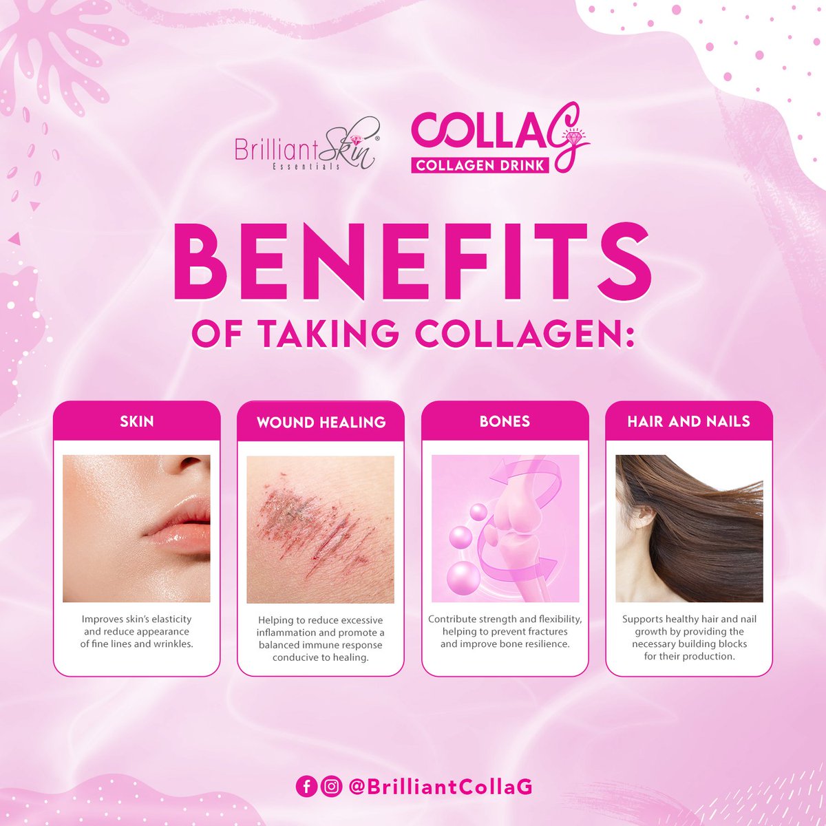 Taking Colla G Collagen Drink can enhance skin elasticity, reduce inflammation, strengthen bones, and support hair and nail growth to achieve a healthy and glowing appearance. 😍

Try it now for only PHP 800.00 SRP! 🛍

#CollaG ✨
#BrilliantSkinEssentials 💎