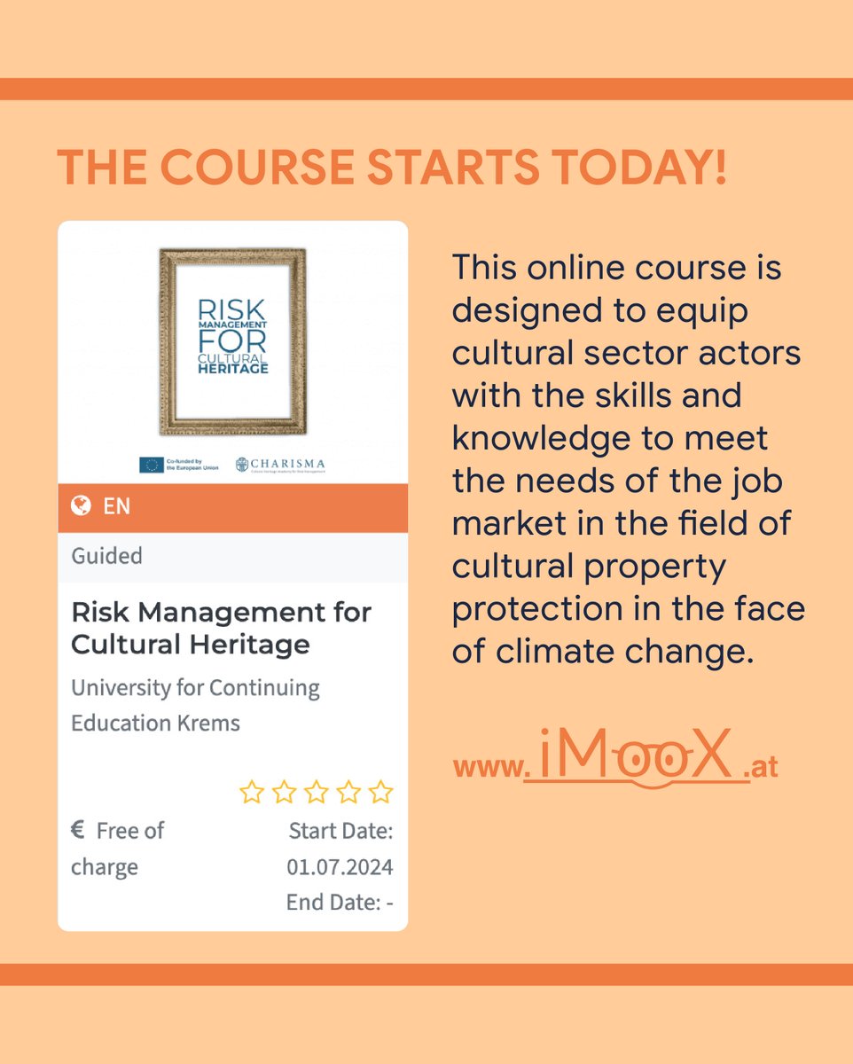The Risk Management for Cultural Heritage online course aims to enhance the capacity of cultural sector professionals to properly assess &amp; manage the risks of climate change. Start now ➡️ imoox.at/course/RMCH

Kursbild: CC BY-NC-ND 4.0 International, iMooX.at