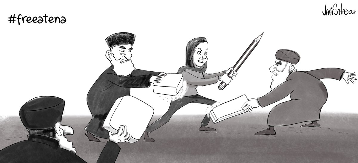 JaviSaladoo's tweet photo. Un tribunal iraní condenó a la humorista gráfica Atena Farghadani a 6 años de prisión por por tratar de pegar un cártel crítico con el régimen iraní en la calle. Mi viñeta de hoy para los diarios del grupo Promecal #SaveAtena #save_atena #FreeAtena
#cartoonist #Iran https://t.co/JiRLZofDuz