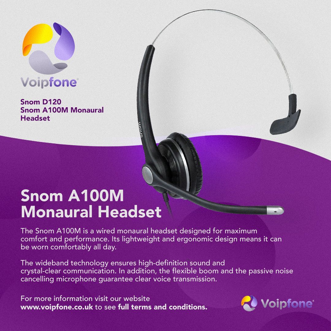 Voipfone's tweet image. The Snom A100M is a wired monaural headset designed for maximum comfort and performance. Its lightweight, ergonomic design means it can be worn comfortably all day.

✅ High-definition sound
✅ Crystal-clear communication
✅ Passive noise-cancelling mic

#Snom #Headset #HDsound