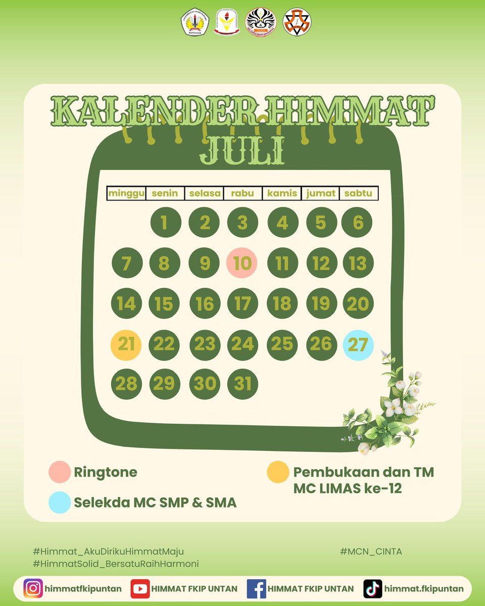 HimmatFKIPUntan's tweet photo. [KALENDER  BULAN JULI 2024 HIMMAT FKIP UNTAN]

Kira-kira apa aja ni kegiatan di bulan Juli 🤔

Jangan lupa save ya Kalender Himmat Bulan Juli 2024 ✨🙌🏻 https://t.co/kFrVI8i0sX