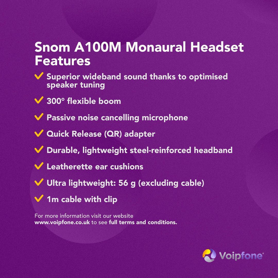 Voipfone's tweet image. The Snom A100M is a wired monaural headset designed for maximum comfort and performance. Its lightweight, ergonomic design means it can be worn comfortably all day.

✅ High-definition sound
✅ Crystal-clear communication
✅ Passive noise-cancelling mic

#Snom #Headset #HDsound
