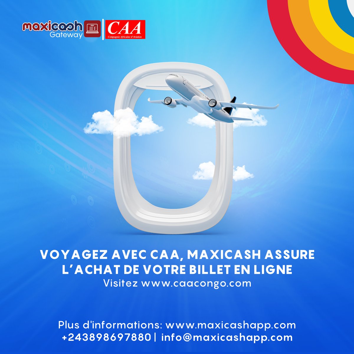 Maxicashapp's tweet photo. Achetez très facilement vos billets d’avion CAA depuis votre confort et payez
simplement par Mobile Money ou carte bancaire sans vous déplacer grâce à
MaxiCash. Visitez https://t.co/bYu5VyM4fS
Infos : +243 898 697 880
#MaxiCashgateway #caacongo #voyage #travel #achatenligne #CAA https://t.co/RZ2scpWCwf