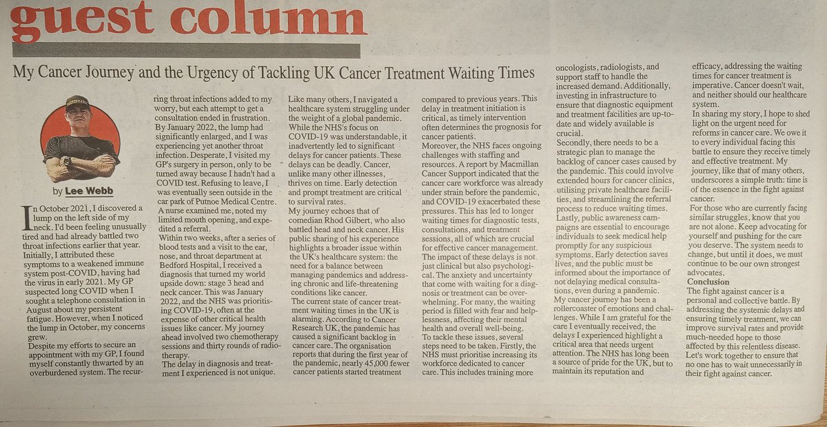 Bodyfirst_PT's tweet image. My first guest column for @bedsbulletin about my cancer journey and the crisis in tackling cancer diagnosis and treatment times. 
It took me a week to write 😮 Thanks to @nanaakuatv for the pointer in the right direction 🙏
#guestcolumn #bedsbulletin #cancer #fuckcancer