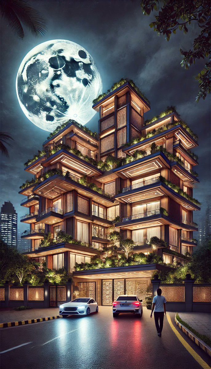 lalitforweb's tweet image. how #Antilia #Mumbai looks in full moon light AI images