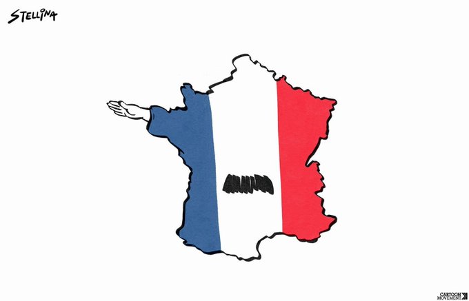 Cartoon showing an outline of the country France, with a Hitler moustache and a hand giving a Hitler salute sticking out of Brittany.