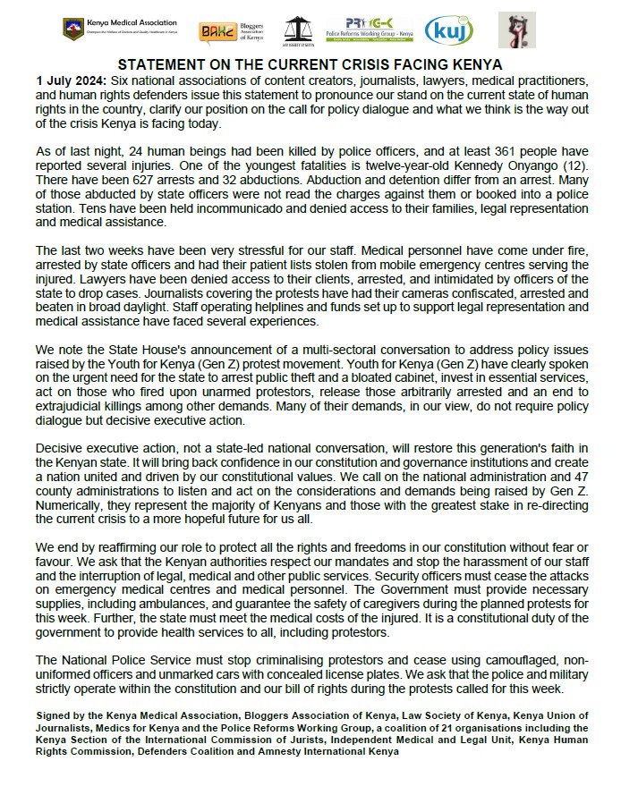 Joint Statement on Kenya's Crisis: 6 national associations demand action against human rights violations: 24 lives lost, 361 injured, 627 arrests, 32 abductions. State brutality against medics, lawyers, and journalists is unacceptable.