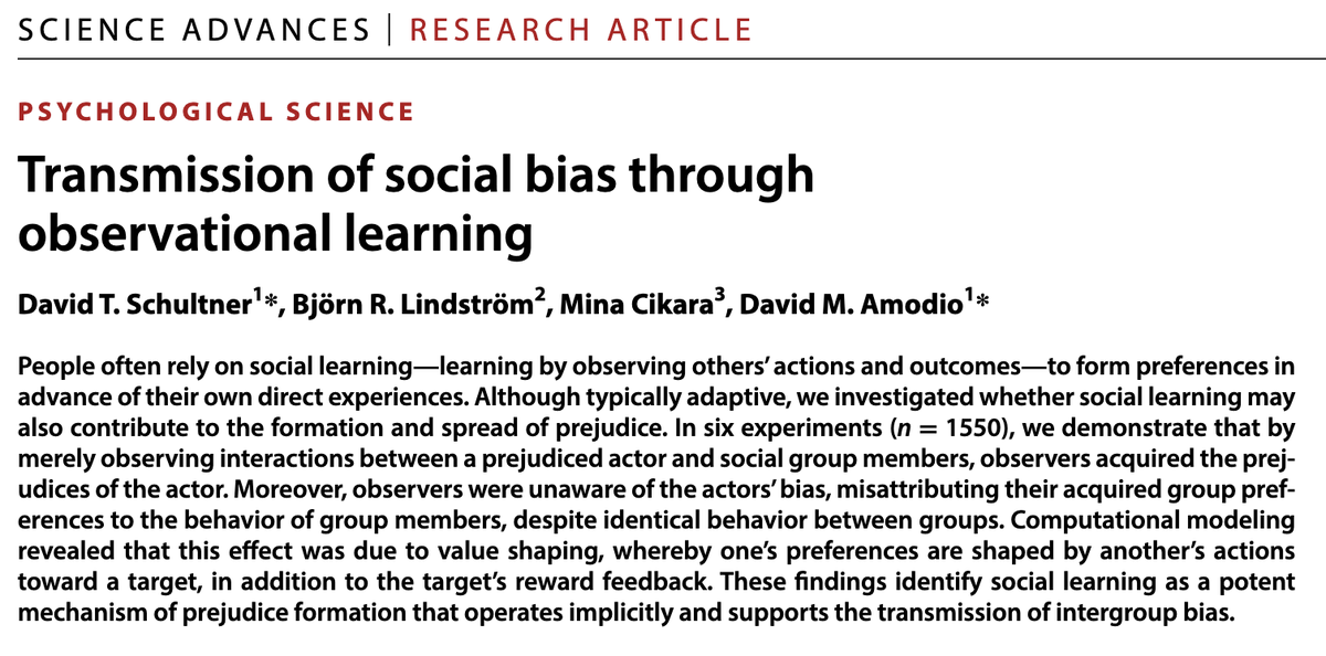 💥 Our paper on social learning of prejudice (with @B_Lindstroem, <a href="/profcikara/">Mina Cikara</a>, and <a href="/david_m_amodio/">David Amodio</a>) is now OUT in <a href="/ScienceAdvances/">Science Advances</a>!!! 🥳science.org/doi/10.1126/sc…
Have a look at the 🧵🔽 for an explainer, but also check out the full paper for brand new data &amp; more context