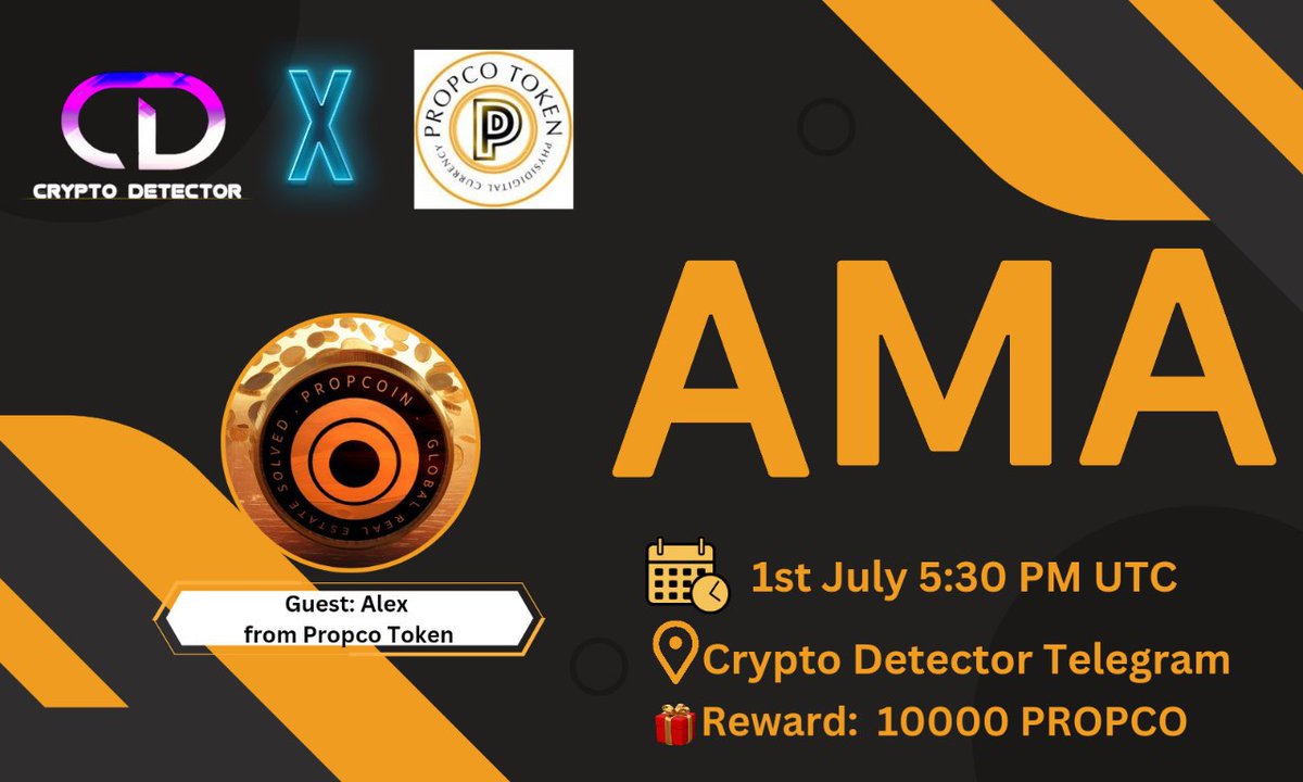 CRYPTODETECTOR_'s tweet photo. 🎙️ We're pleased to announce our next Telegeram Text  AMA With @propcotoken  On 1st JULY 5:30 PM UTC !

🥂 Reward : 10000 PROPCO
🏠 Venue: https://t.co/FdMKxGHjjr

Rules :
➡️Follow: @CRYPTODETECTOR_   &amp;  https://t.co/MYAtVR3fy7
➡️Like, Retweet, Tag3 Friend,send Question https://t.co/hpu5IhlpVo