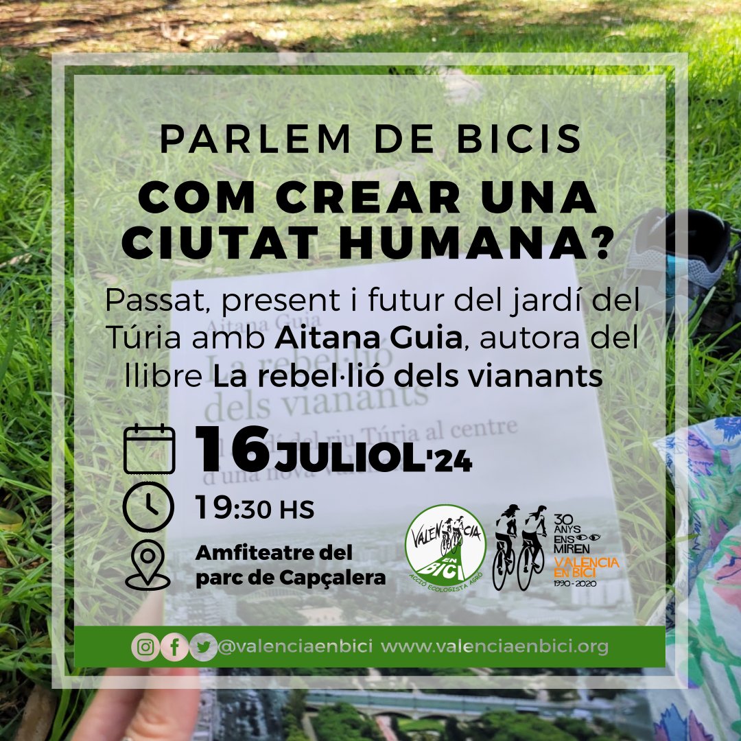 Com crear una ciutat humana?

Pròxim #ParlemdeBicis amb <a href="/AitanaGuia/">Aitana Guia</a>, autora del llibre "La rebel·lió dels vianants".

📆 16 de juliol
⏰ 19:30 hores
📌 Amfiteatre del parc de Capçalera

Ens trobarem a les 19.00 al pont de Serrans per anar en bici.

#HablemosdeBicis #València