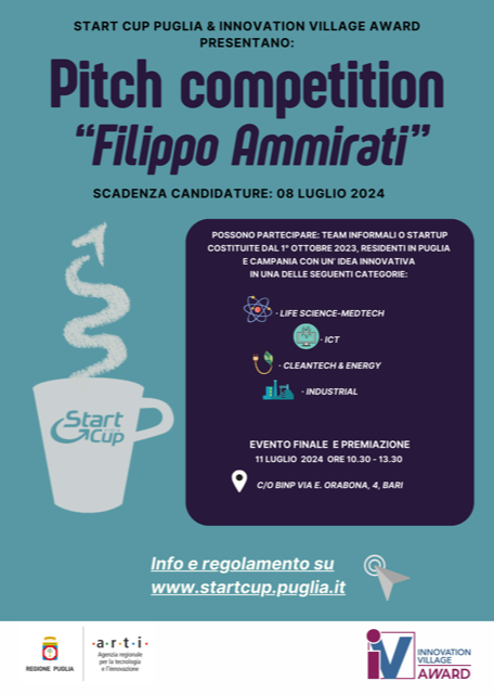 📣  Al via le selezioni per la Pitch Competition “Filippo Ammirati” organizzata da #StartCupPuglia e #InnovationVillageAward, dedicata alla memoria del collega ENEA prematuramente scomparso lo scorso aprile.

Candidature entro l’8 luglio 2024

ℹ lnkd.in/dfv7n255