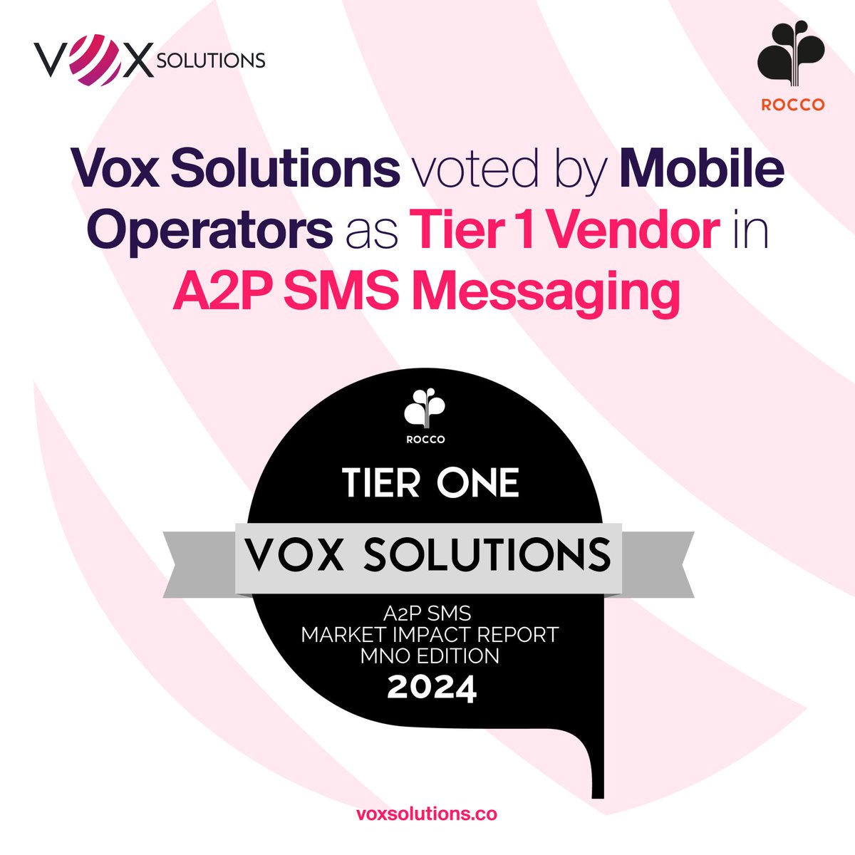 Vox Solutions is honored to be ranked once again as a Tier 1 vendor in one of ROCCO's distinguished reports, specifically the A2P SMS Messaging Market Impact Report 2024!