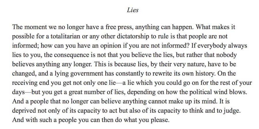 Samantharhill's tweet photo. Hannah Arendt on the dangers of political lies https://t.co/r5LXGwaxFe