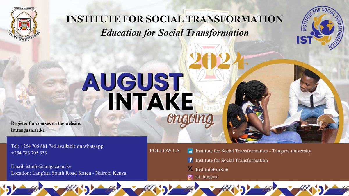 InstituteForSo6's tweet photo. π Embark on a Journey of Social Transformation and Innovation!π The Institute for Social Transformation at Tangaza University invites you to join our August 2024 intake. π
For more information about ISTTU and our programs, visit: https://t.co/XvoOWgmDtl
#LearningInstitution https://t.co/o3GKy4y1kU