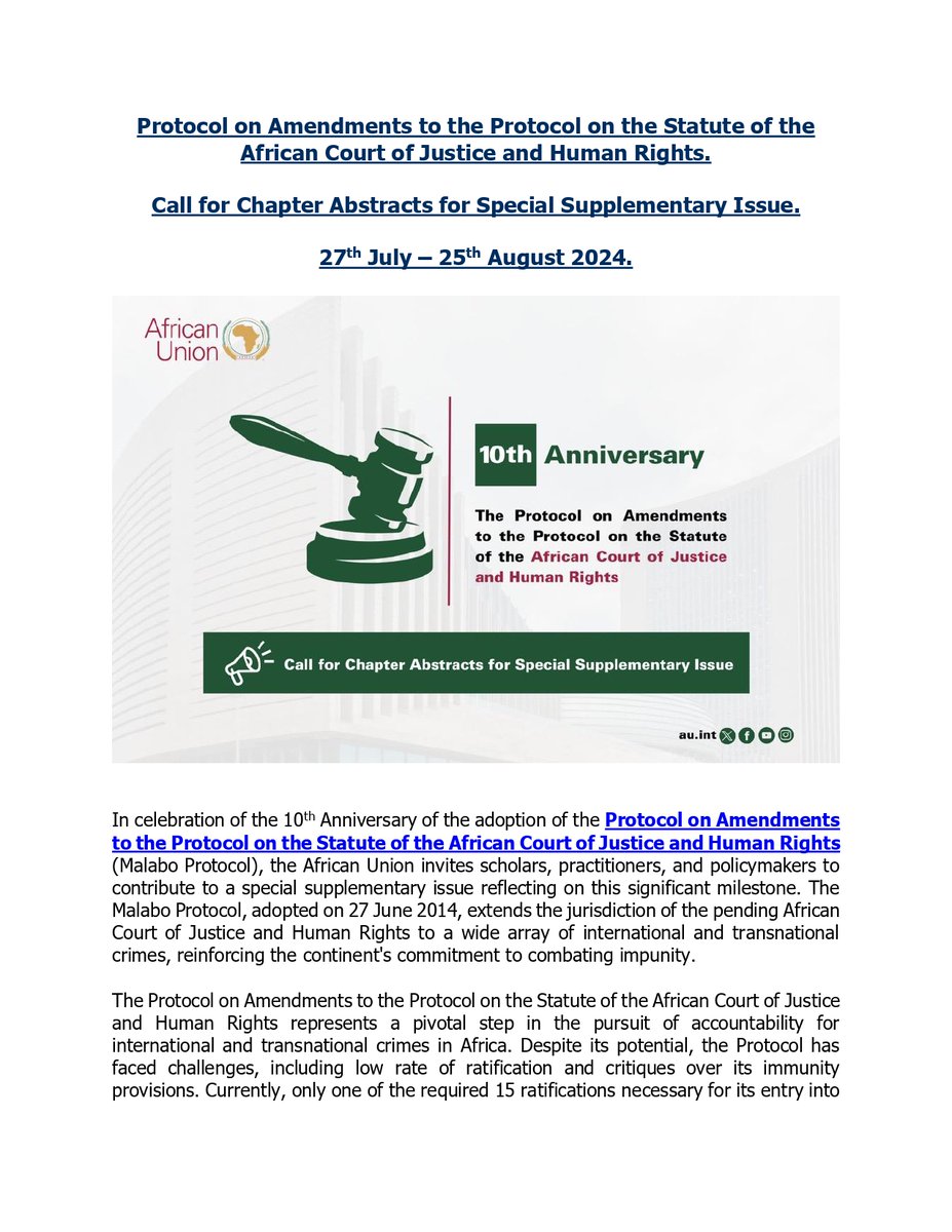 olcau2022's tweet photo. Calling all researchers! 📢 Contribute chapter abstracts on the Protocol on Amendments to the Protocol on the Statute of the ACJ &amp; HRs. Submit your 500-word abstract by Aug 25, 2024 for a chance to be published! Don't miss this exciting opportunity! https://t.co/syzpaQAzhI