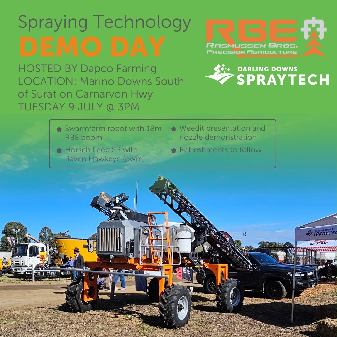🚜 SPRAY TECHNOLOGY DEMO DAY | Marino Downs 🚜

📍 Location: Marino Downs, South of Surat on Carnarvon Hwy  
📅 Date: Tuesday, 9 July  
🕒 Time: 3 PM  
🍽️ Refreshments to follow

📲 Text or call Jeremy Jones to RSVP: 0439 003 439

#SprayTechDemoDay #AgricultureInnovation