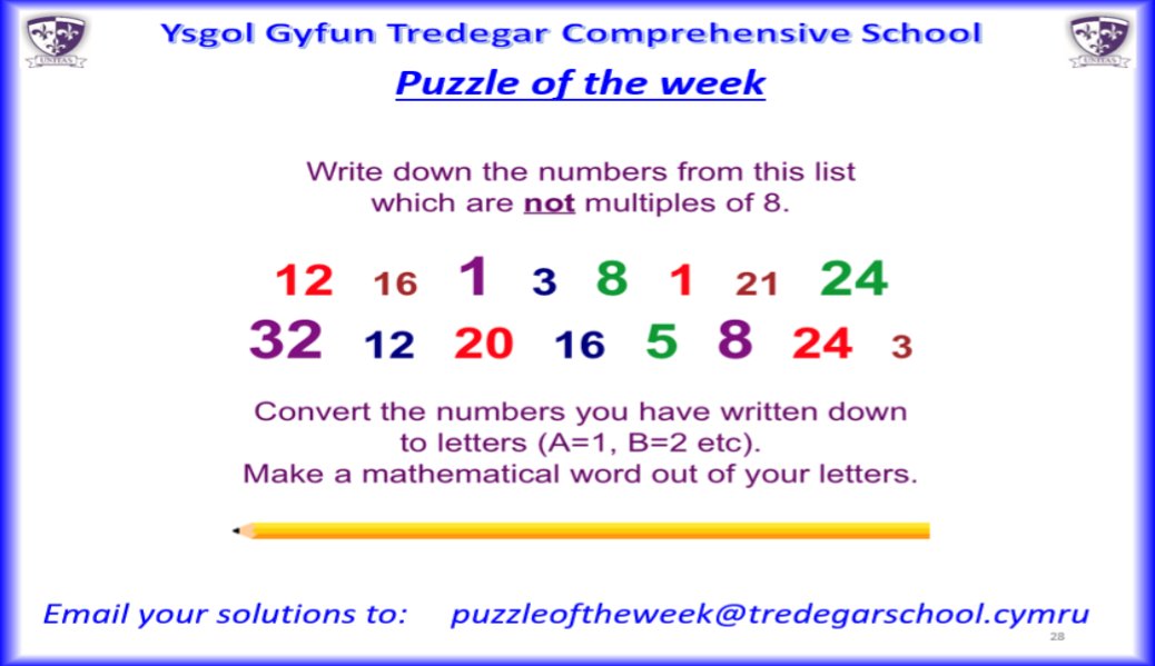 3 more puzzles to go 😮

This week's puzzle requires you to combine your numeracy and literacy skills as you try to create a mathematical word.

Please send your solutions to puzzleoftheweek@tredegarschool.cymru or bring paper solutions to Mr Vokes in J9.