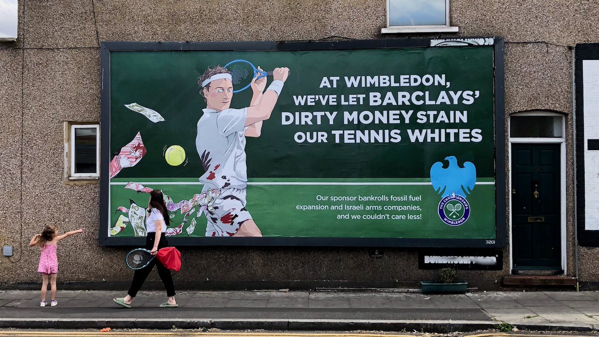 🎾 SLAMMED 🎾 300+ ad spaces near <a href="/Wimbledon/">Wimbledon</a> hacked with artworks exposing dodgy sponsor <a href="/Barclays/">Barclays Bank</a>' dirty money - bankrolling arms companies and fossil fuel expansion. 

Artwork by Lindsay Grime, installed in Wimbledon. 1/