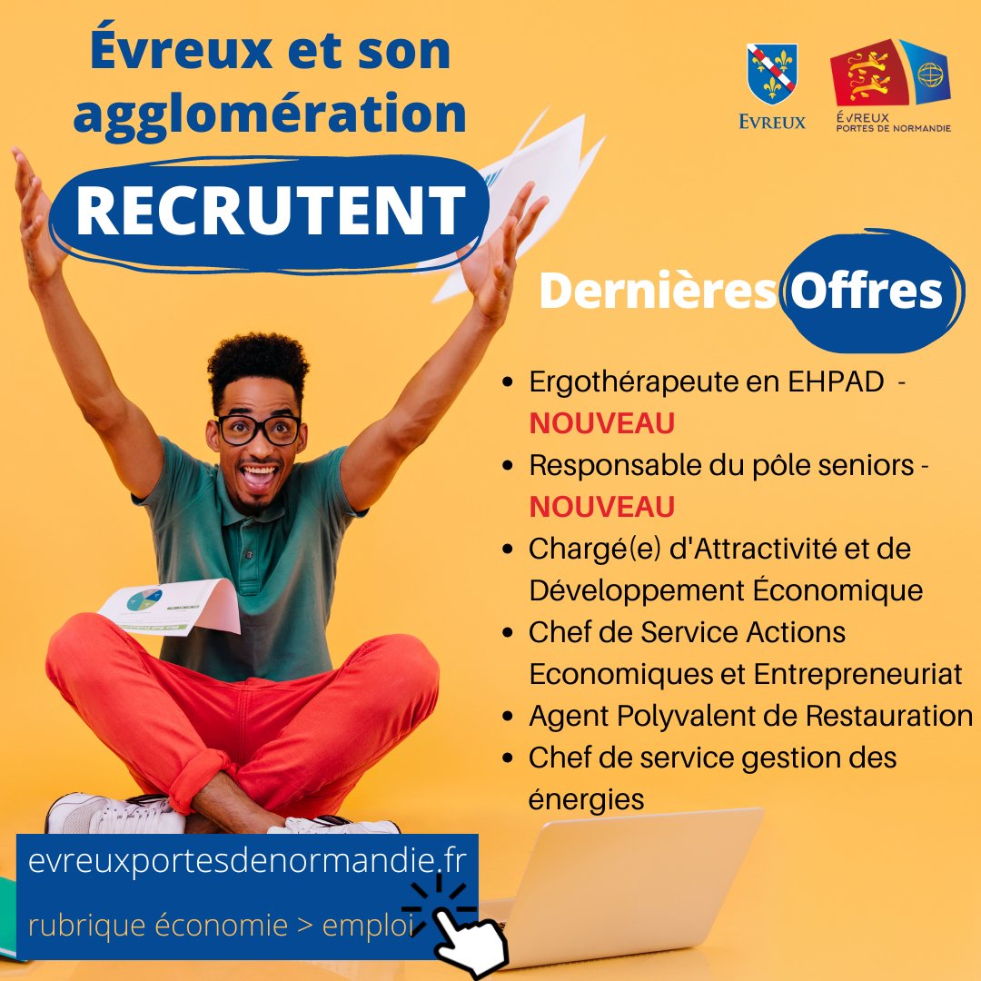 [#EMPLOI]

#Evreux et #aggloevreux recrutent !

&gt; Nouvelles offres : Ergothérapeute en EHPAD / Responsable du pôle seniors

👉 Pour postuler, envoyez votre CV et lettre de motivation ⤵️
evreuxportesdenormandie.fr/285-evreux-por…

#offreemploi