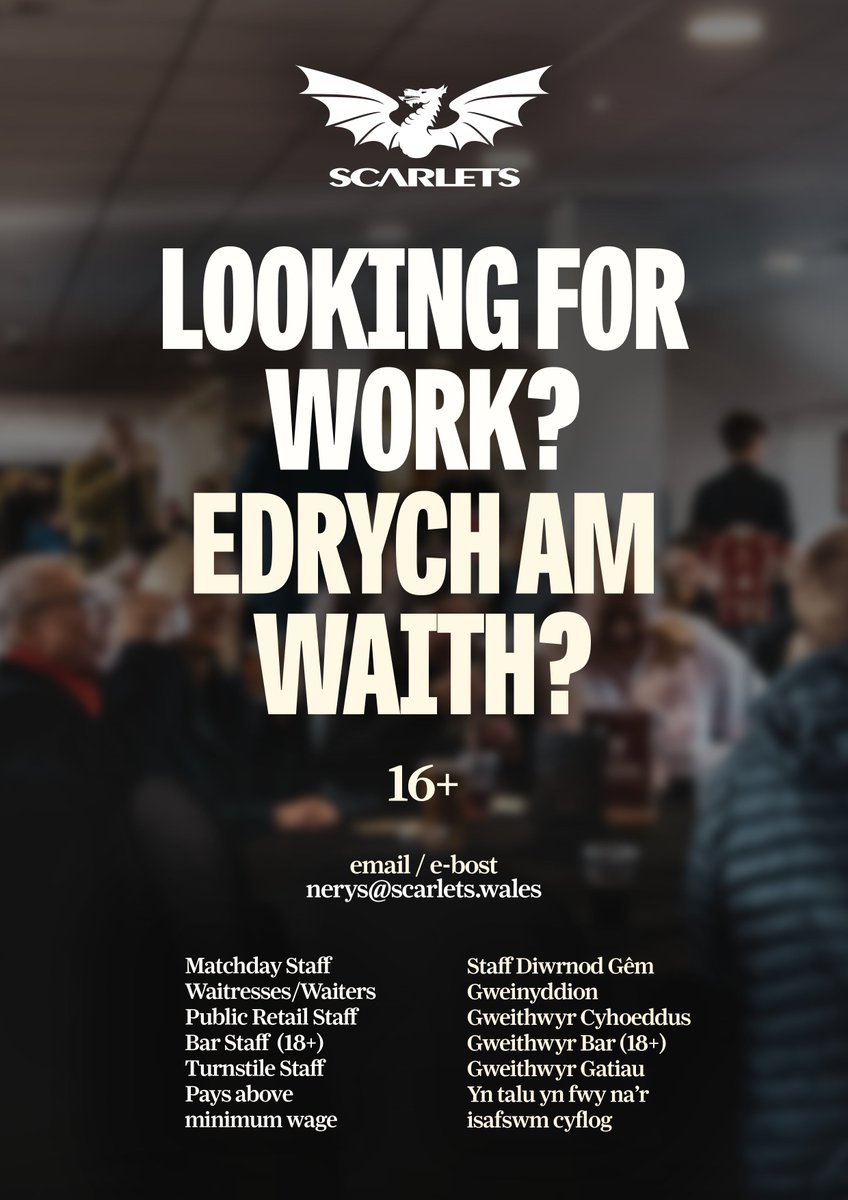 Parc y Scarlets (@official_parc) on Twitter photo 💼 Chwilio am waith? Rydym yn chwilio am unigolion bywiog, angerddol a gweithgar i yumuno a'n tim.
Meddwl bod gennych yr hyn sydd ei angen?
📧 E-bostiwch nerys@scarlets.wales am fwy o wybodaeth. 💼 Chwilio am waith? Rydym yn chwilio am unigolion bywiog, angerddol a gweithgar i yumuno a'n tim.
Meddwl bod gennych yr hyn sydd ei angen?
📧 E-bostiwch nerys@scarlets.wales am fwy o wybodaeth.