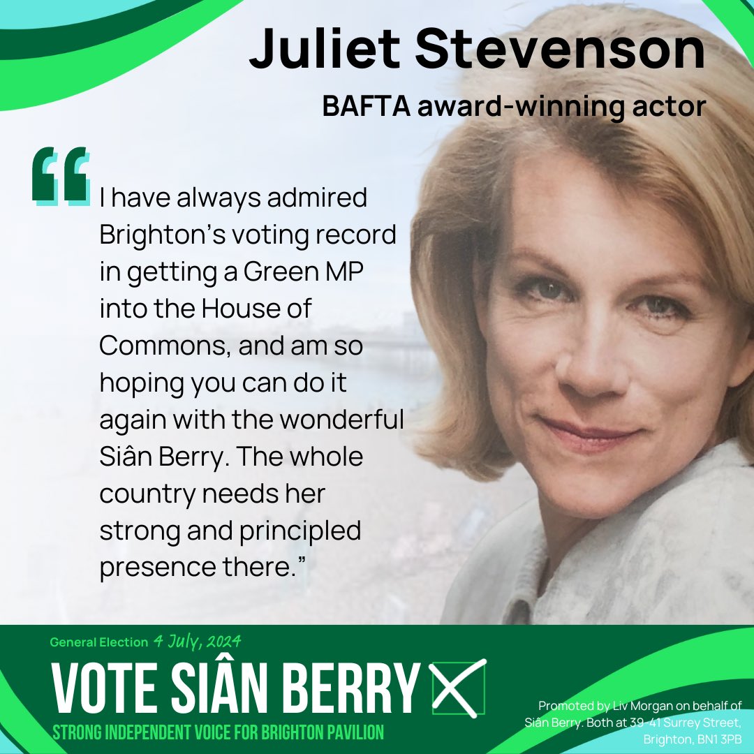 I am beyond delighted to have the backing of incredible actor Juliet Stevenson, and such kind words. Voting Green in Brighton Pavilion really will make a difference. Thank you! 🙏💚 #VoteGreen
