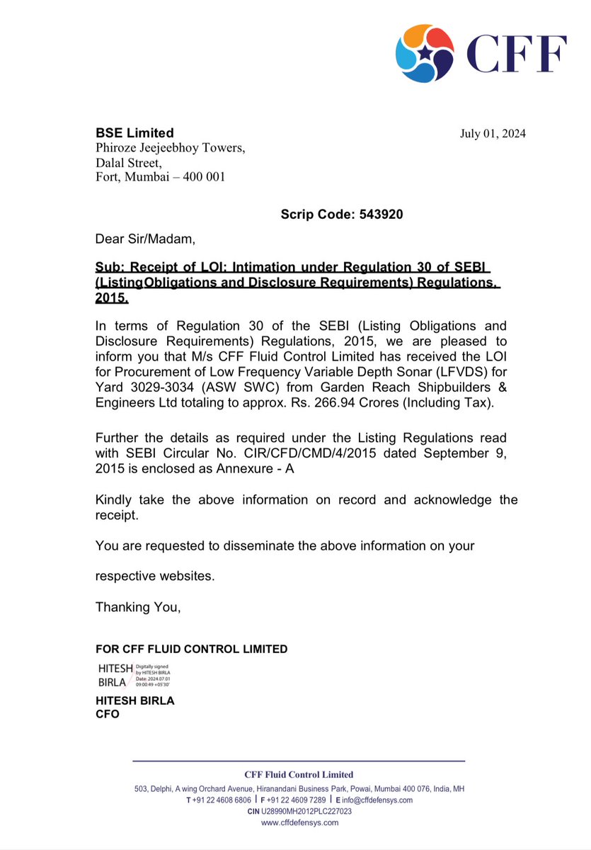 Anvith_'s tweet image. Thank you so much Sir for sharing this excellent thread 🧵 

🚢 CFF Fluid secures order worth ₹ 266.94 Cr from Garden Reach Shipbuilders - Kolkata. 🔥 

#CFF #CFFfluidControl