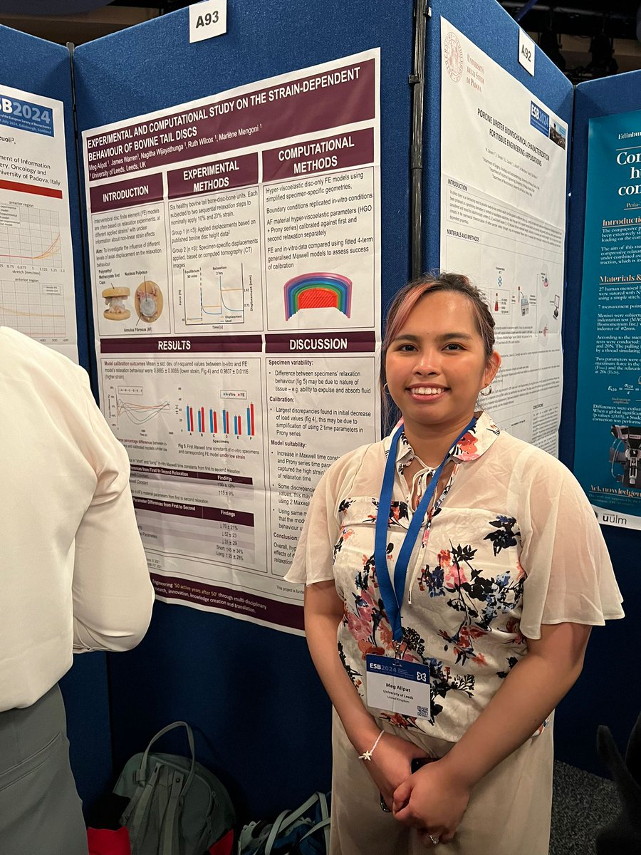 Speak to Meg Alipat at Stand A93 in Cromdale Hall #ESB2024 as she presents her groundbreaking #experimental  and #computational research on the strain-dependent behavior of bovine tail discs! #Biomechanics #ResearchExcellence #phd