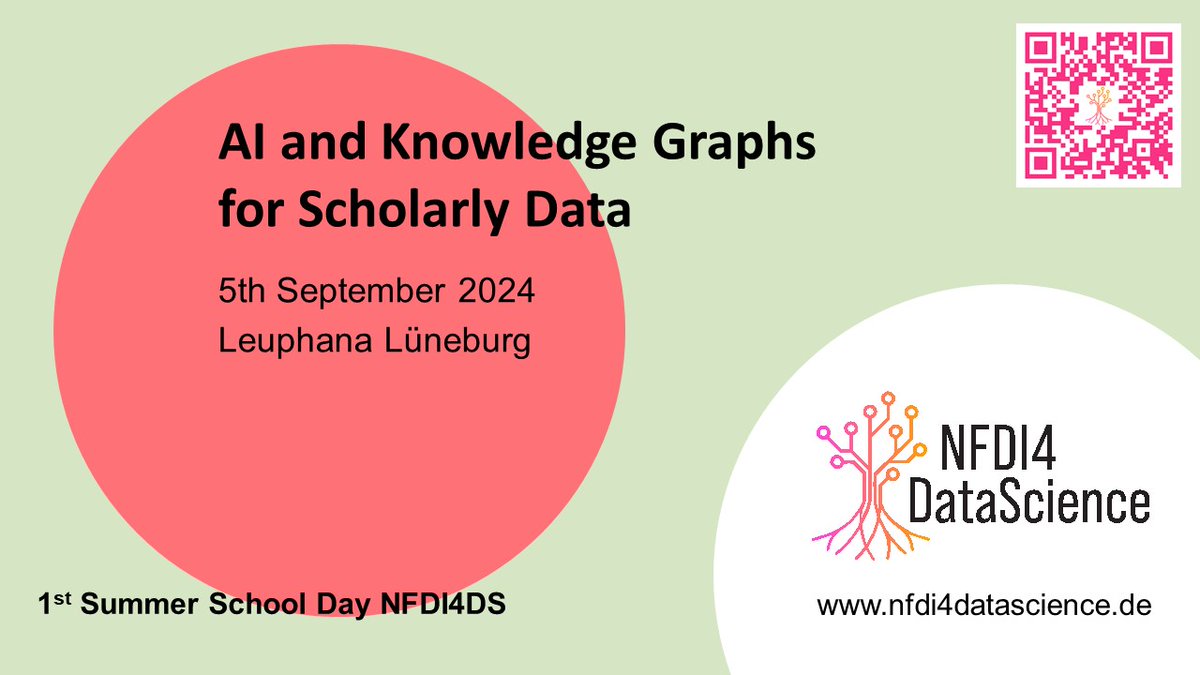 We are hosting a Summer School Day on Artificial Intelligence and Knowledge Graphs for Scholarly Data for early-stage researchers from all disciplines! 🌞

📨Submit your poster abstract now! 
ℹ️sites.google.com/view/aikg-sd-s…

#nfdi4ds #summerschool #knowledgegraphs #AI #scholarly #data