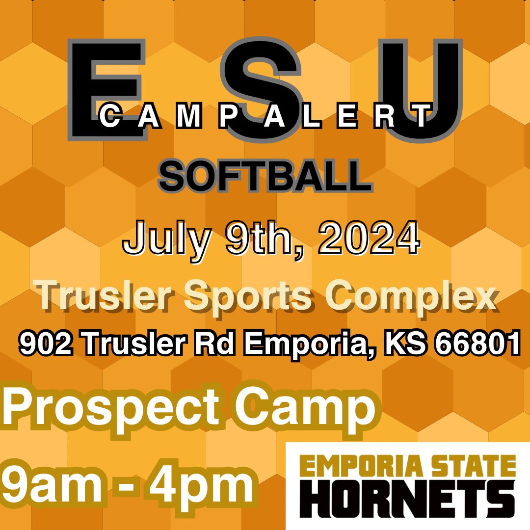 Our second Prospect Camp of the summer is just over a week away! Get signed up today! Learn new skills with coaches, players, and get a tour of Emporia State after 🖤💛 #stingersup🐝