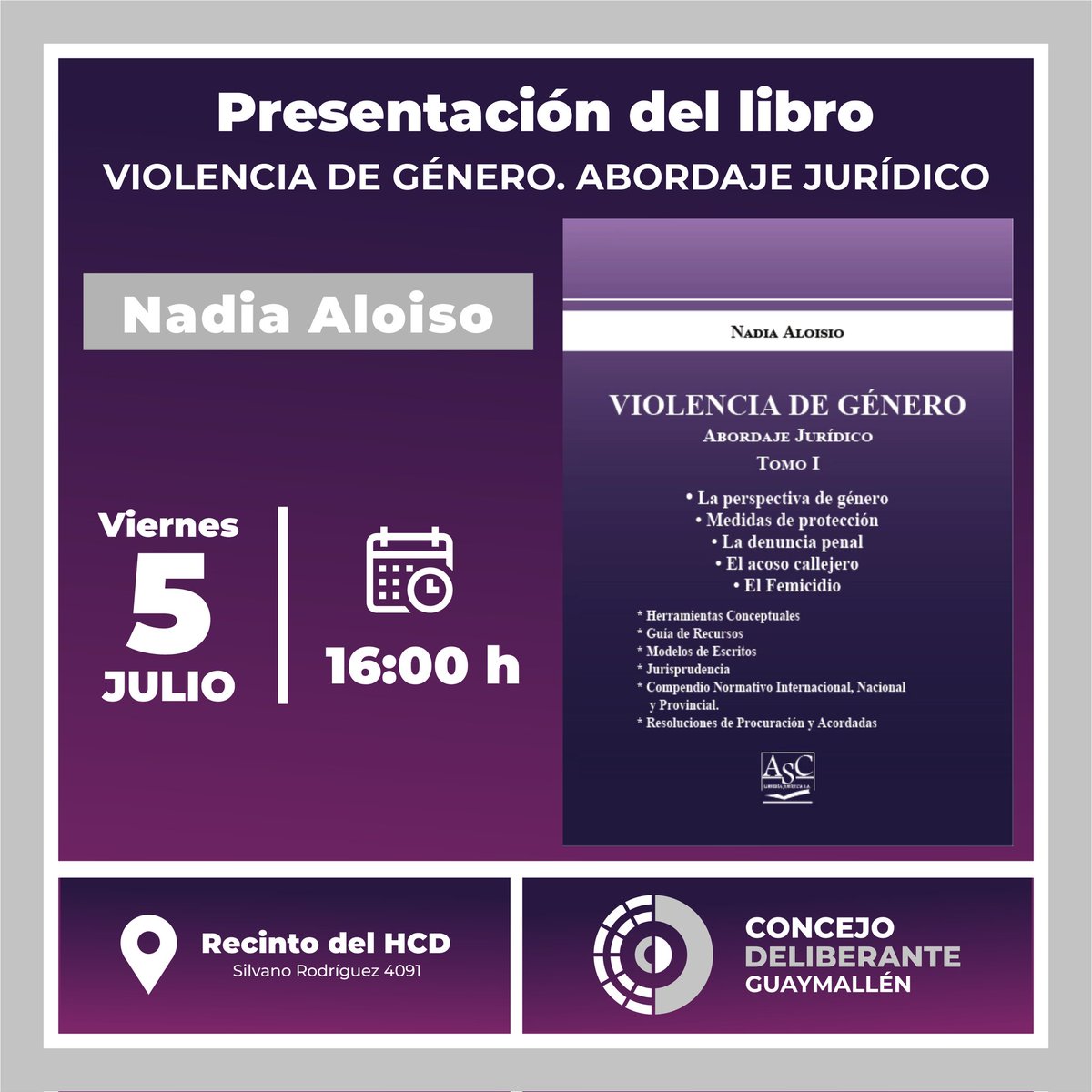 📍Este viernes 5 de julio, a las 16h, la jurista mendocina Nadia Aloiso presentará su libro «Violencia de género. Abordaje jurídico» ▶️ será en el recinto del Concejo Deliberante de Guaymallén. 

Más información en 
cdguaymallen.gob.ar/nadia-aloiso-p…