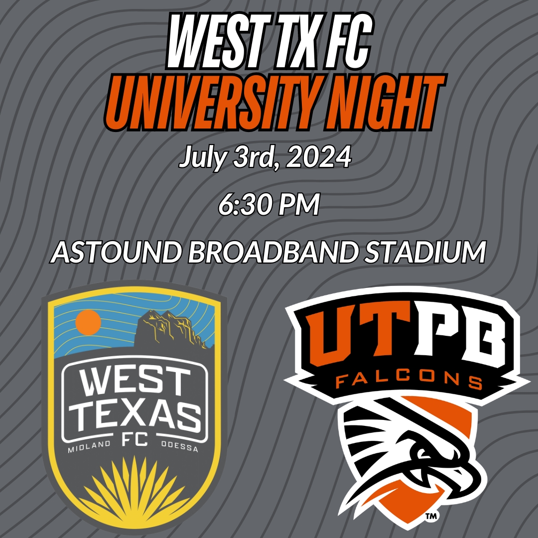 Please join us for University Night on Wednesday July, 3rd at 6:30 PM at Astound Broadband Stadium as we root on West TX FC in their match against the Ft. Worth Vaqueros!

Students, Faculty, Staff and Falcon Alumni Network Members will receive discounted tickets at the gate!