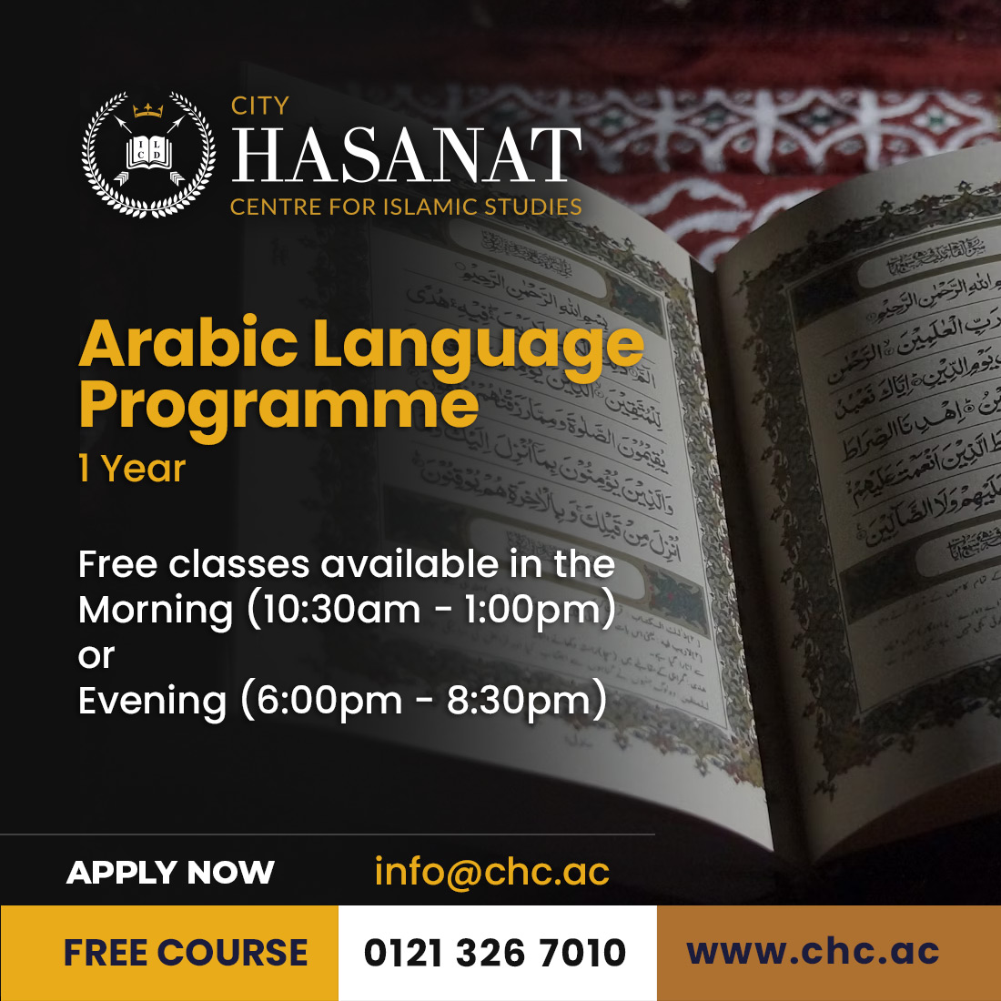 hcis_uk's tweet image. Arabic Language Programme
September 2024
FREE 1 year

Apply Now
chc.ac/programmes/ara…

For more information:
chc.ac
0121 3267010
info@chc.ac

#islamic #arabic #arabiclanguagelearning #birmingham #FreeCourses