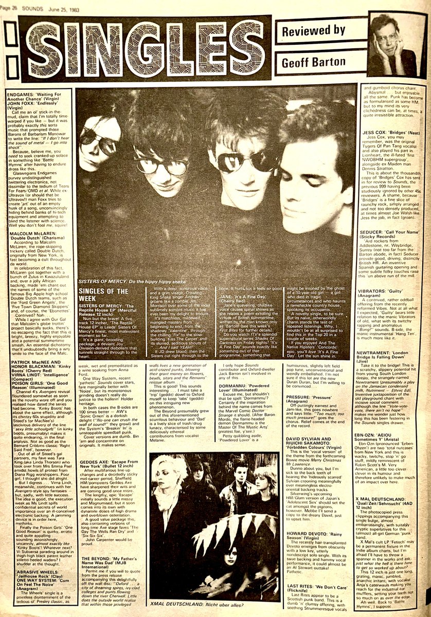 ZoundsAbound's tweet image. Geoff Barton reviews the Singles this week &amp;amp; he picks ‘The Reptile House EP’ by @_SistersOfMercy &amp;amp; ‘It’s A Fine Day’ by #Jane as the best on offer.

Releases too by #JohnFoxx #MalolmMcClaren #PoisonGirls #AbrasiveWheels #OneWaySystem &amp;amp; #GeddesAxe 

Sounds Jun 25th 1983