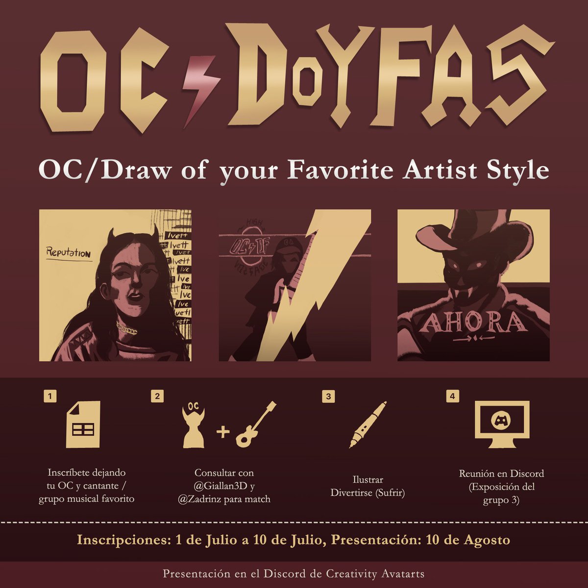 Dinámica para aristas: 
Desarrolla el OC de otro Artista teniendo como Inspiración el Cantante / Grupo Musical favorito de dicho Artista.
A cambio, recibirás lo mismo,  para luego reunirnos en Discord a compartir los resultados y pasar un rato en compañía. 

Afiche por <a href="/Zadrinz/">Zadrinz</a>