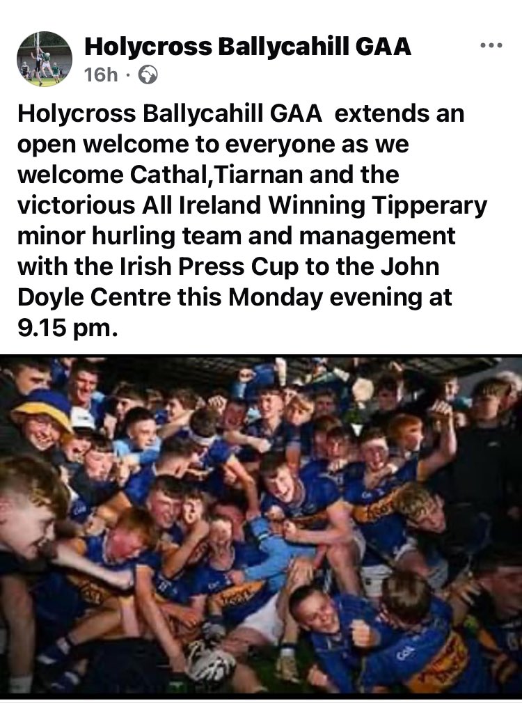 All Tipperary supporters young &amp; old are welcome in Holycross tonight.
