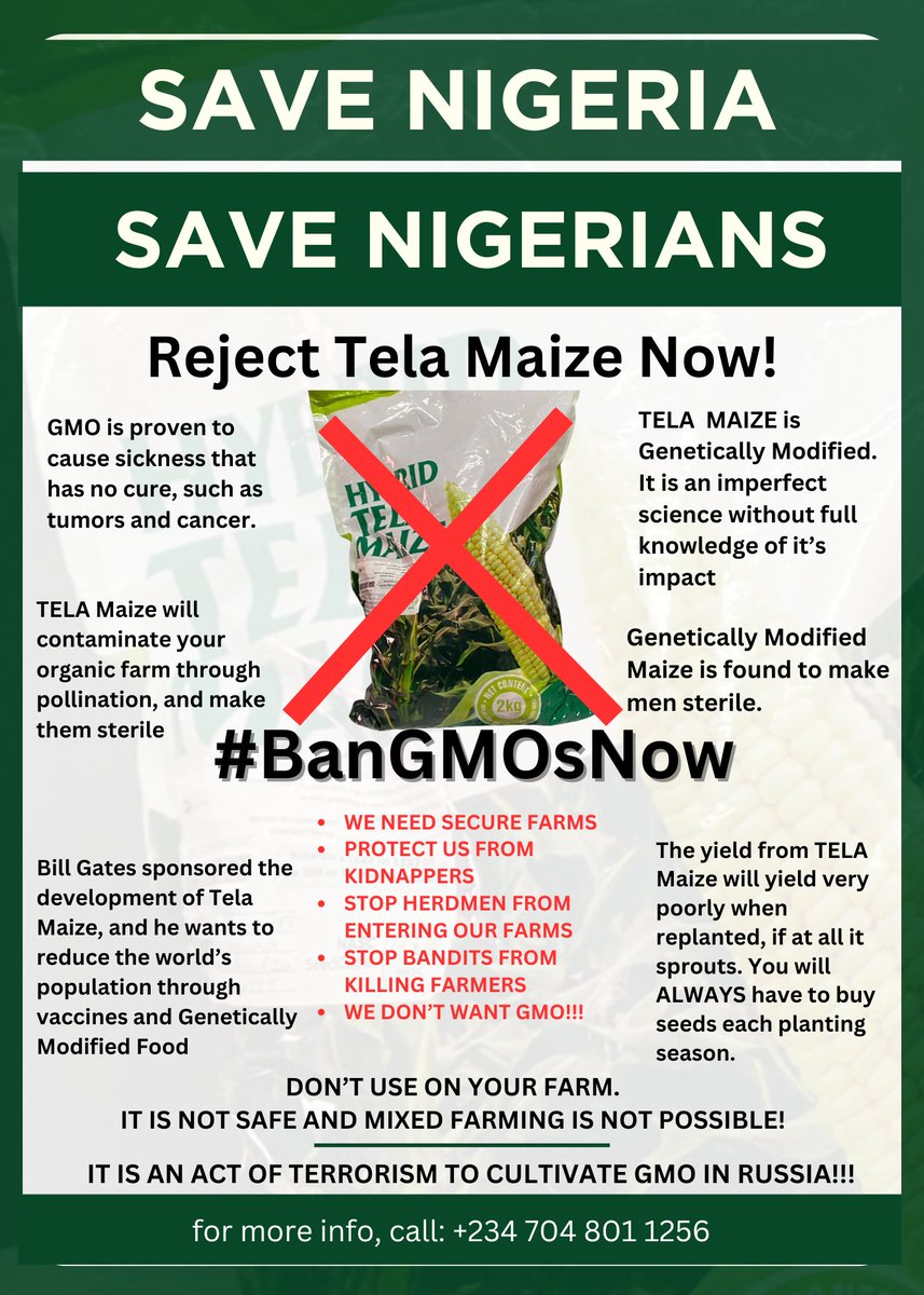 cefsarintl's tweet image. #BanGMOsNow!
#BanGMOsNow!
#BanGMOsNow!
Post this on your Whatsapp Status, 
Post on Instagram, 
Post on Facebook
Post everywhere!
Print if you can and distribute to farmers. We are calling on the Government to Ban GMO!

Fly wey no dey hear word dey follow dead bodi enter grave.
