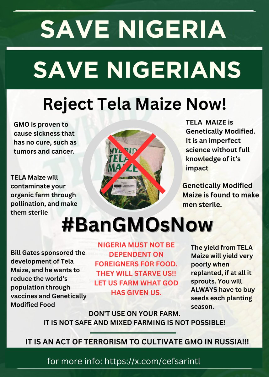 cefsarintl's tweet image. #BanGMOsNow!
#BanGMOsNow!
#BanGMOsNow!
Post this on your Whatsapp Status, 
Post on Instagram, 
Post on Facebook
Post everywhere!
Print if you can and distribute to farmers. We are calling on the Government to Ban GMO!

Fly wey no dey hear word dey follow dead bodi enter grave.