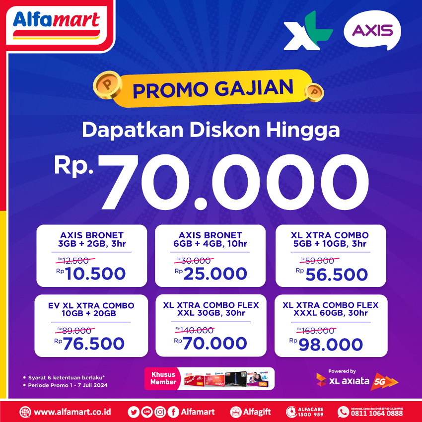 alfamart's tweet photo. ✨ Beli Paket Data XL Axis di Alfamart Diskon Hingga Rp70.000 😍
Yuk langsung isi paket datamu dengan XL atau XL mumpung lagi ada promo spesial di Alfamart terdekat.
*S&K berlaku
Periode : Juli 2024
#Alfamart #Alfagift #PromoPaketData #PaketDataXL #PaketDataAxis https://t.co/znShng4M60