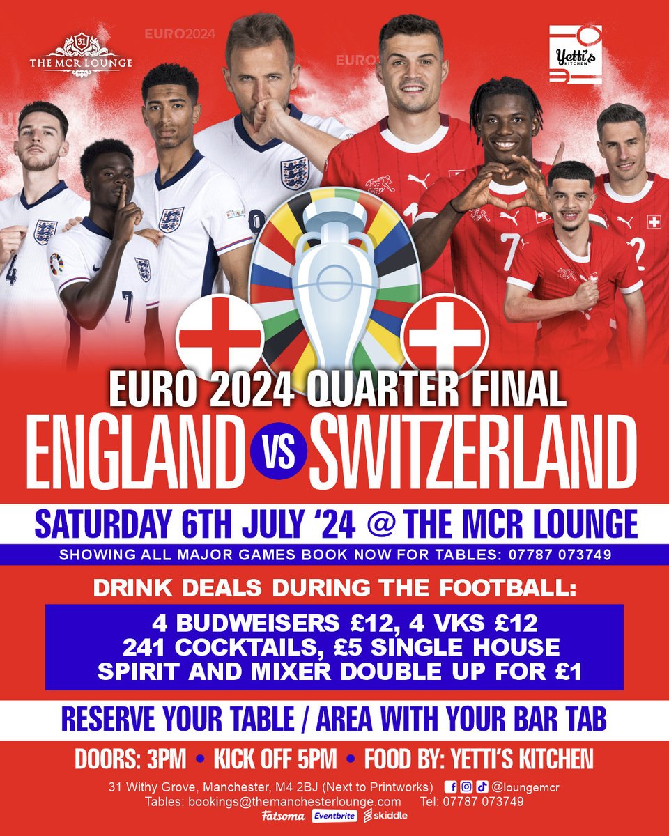 ⚽ This Saturday: #EURO #QuarterFinals - #England vs #Switzerland! ⚽

Reserve your table/area and secure your spot with a bar tab 🍻

🕒 Doors open from 3PM / Kick-off at 5PM

Book now via bit.ly/4bvOkg6

#manchester