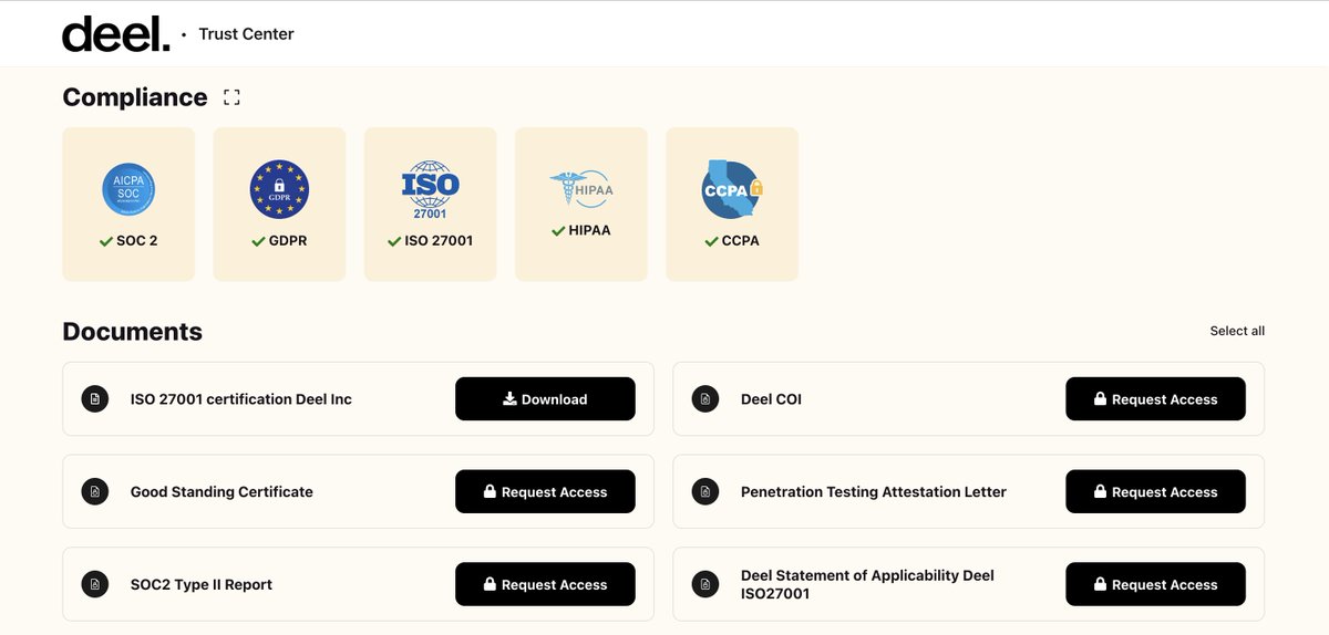 At Deel, we take security and compliance seriously. 🌐 Explore our Trust Center for a full breakdown of our security and compliance certifications and documents: trust.deel.com/?utm_medium=so…