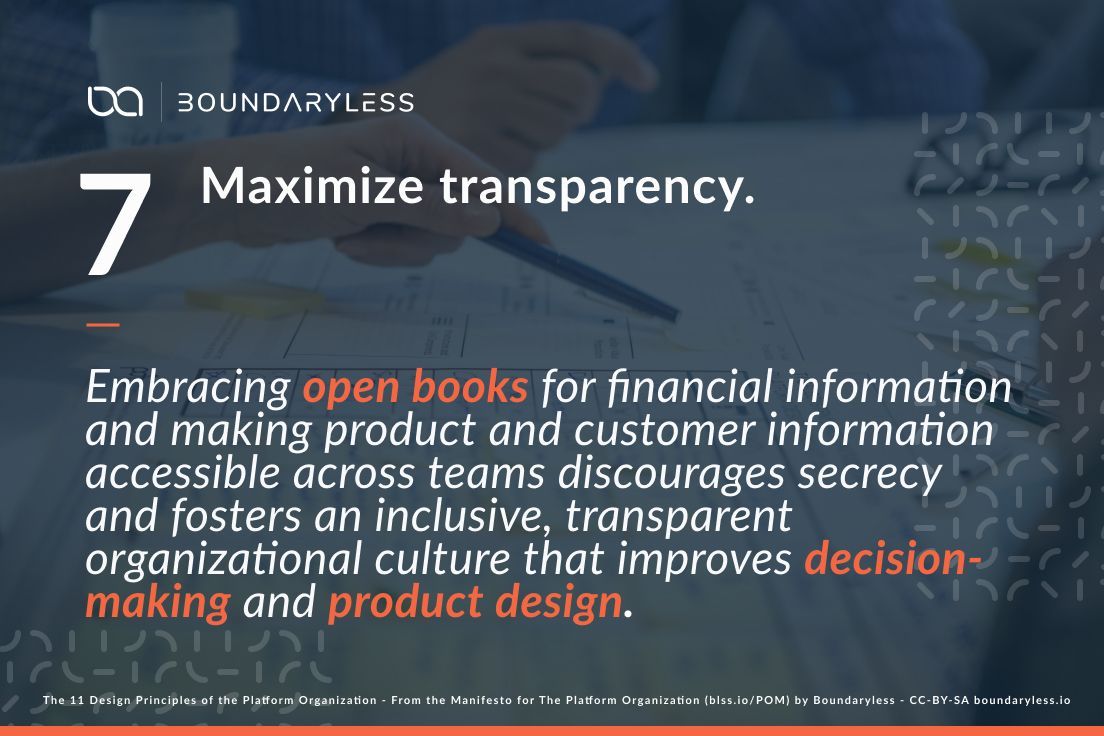 Boundaryless_'s tweet image. Principle #7: Maximizing transparency builds trust and informed decisions. How transparent is your org? Steps to improve? #PlatformOrg #Boundaryless buff.ly/4b7BaGJ
