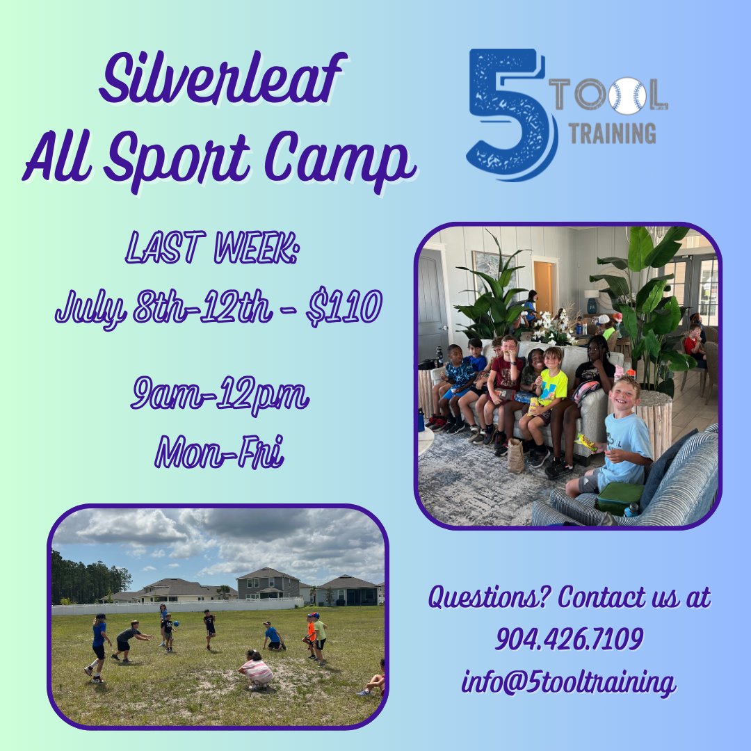 Only one opportunity left to check out the fun over at our Silverleaf Summer Camp! Next week will be our final week for this summer, so get signed up and join in on the fun!

Registration can be found on our website at 5tooltraining.com/all-sport-summ…

#summer #camp #Jacksonville #sports